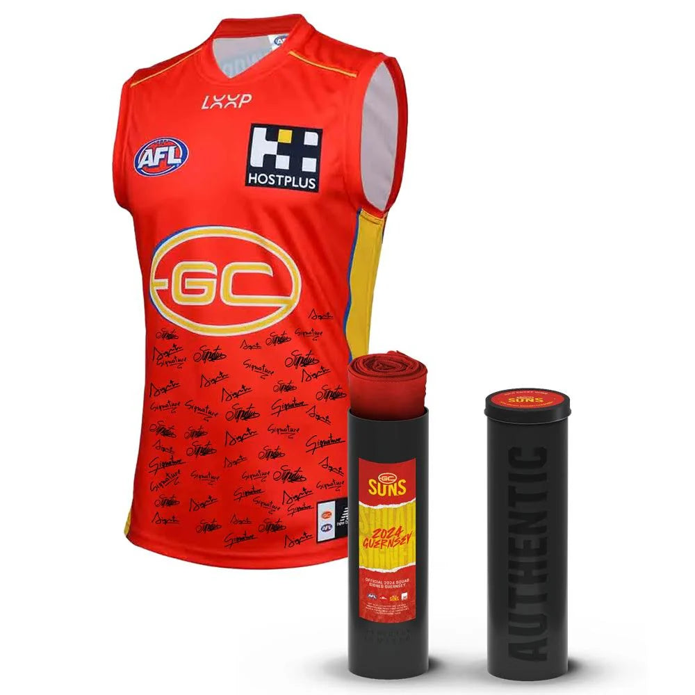 GOLD COAST-FRAMED GOLD COAST SUNS 2024 SQUAD SIGNED GUERNSEY