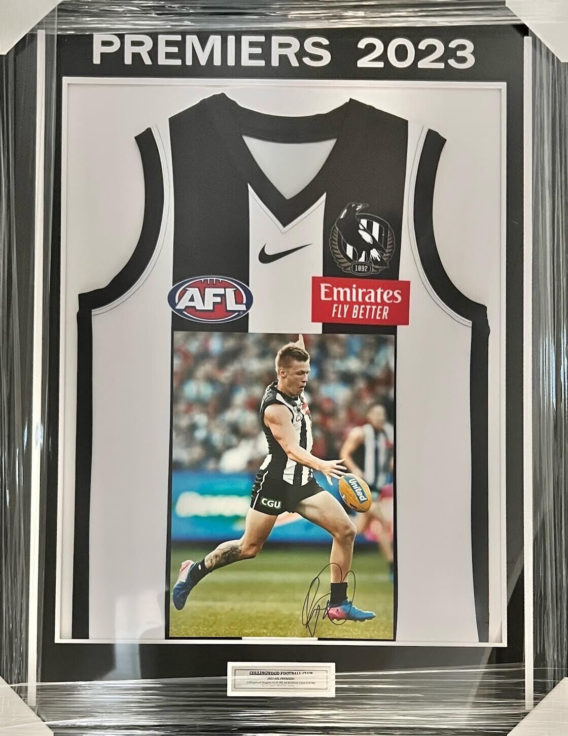 Collingwood Jordan De Goey Signed Photo With 2023 Premiership Guernsey