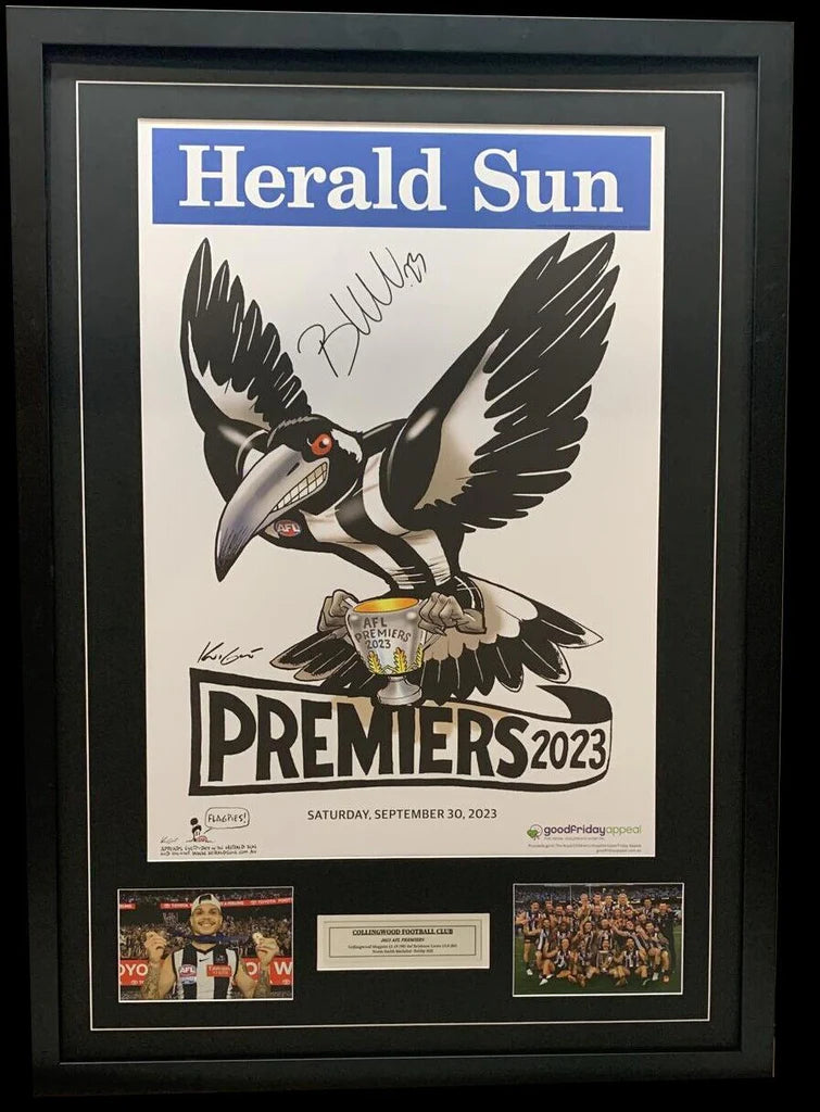 COLLINGWOOD-BOBBY HILL SIGNED HERALD SUN COLLINGWOOD 2023 PREMIERS