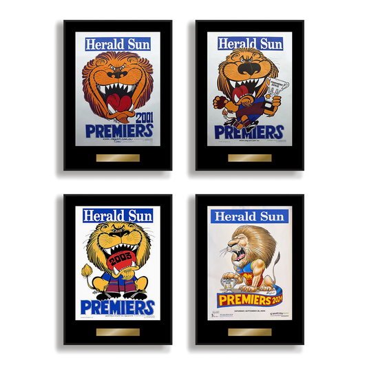 BRISBANE LIONS 4 x DELUXE OFFICIAL HERALD SUN 2001, 2002, 2003 & 2024 FRAMED POSTER (Black Edition)