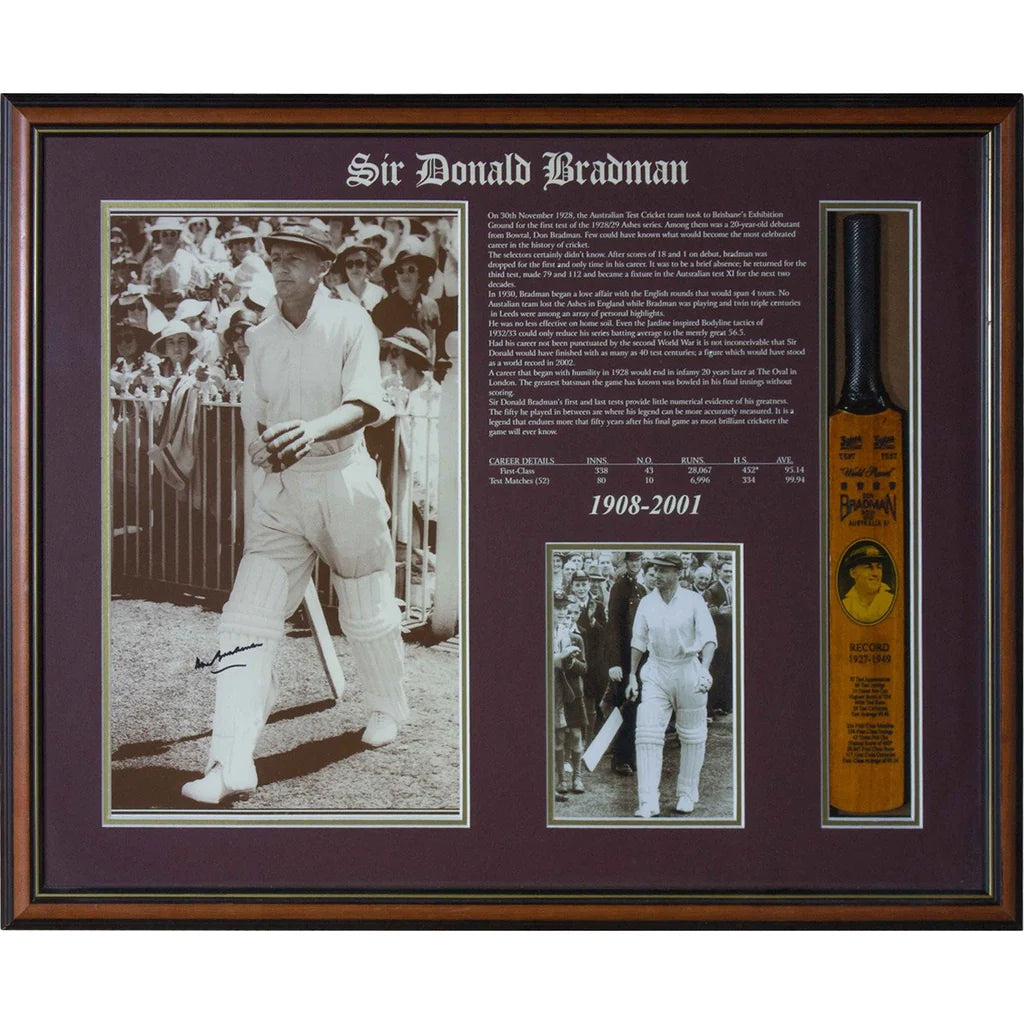 Bradman Signed Photo with Mini Bat