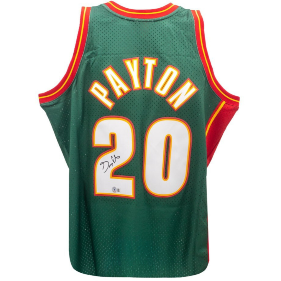 Gary Payton Autographed Seattle Mitchell & Ness Green Basketball Jersey (XL) - BAS Unframed